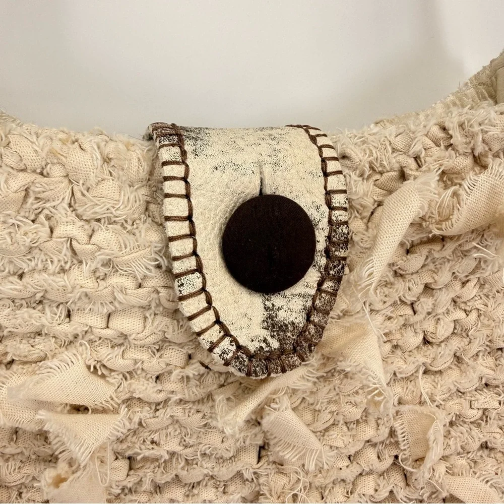 Handmade Boho Crochet Crossbody Bag Leather Trim‎ Satin Lined Neutral Rustic - Picture 7 of 15